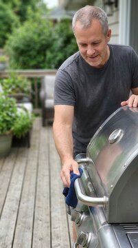 A mature man meticulously cleaning a stainless steel barbecue grill on a wooden deck