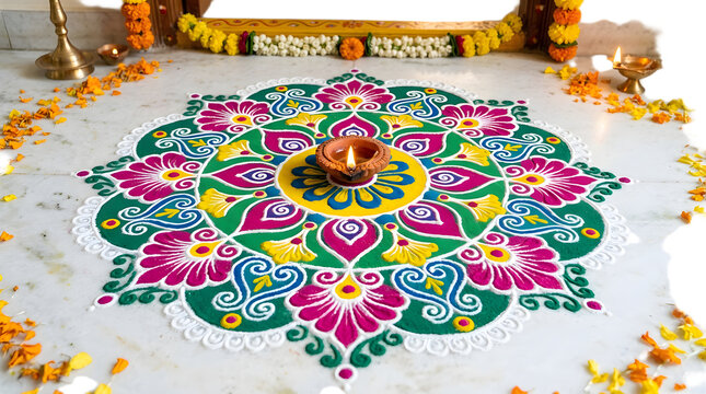 Beautiful colorful rangoli floor art with a lit diya lamp for diwali festival isolated on transparent background