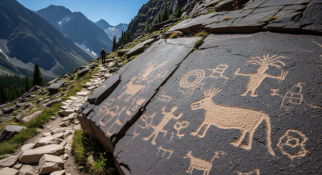 hiking trail mountains with ancient petroglyphs or rock art