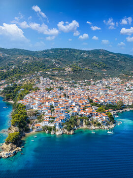 Aerial view of the town at Skiathos island, Sporades, Greece, during a sunny summer day