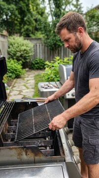 Man Performing Seasonal Maintenance on His Backyard Barbecue Grill for a Summer Culinary Experience in a Lush Green Garden Setting