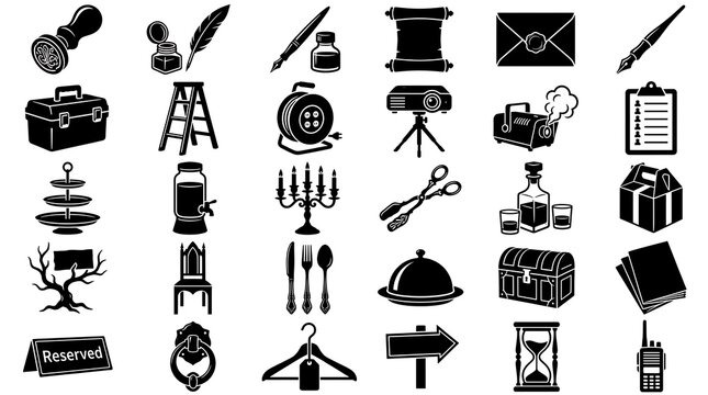 Set of black and white icons representing various vintage objects and professional tools.