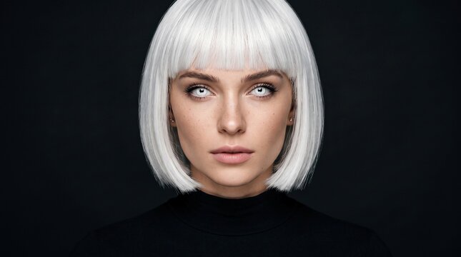 Portrait of Woman with White Hair and White Eyes on Dark Background