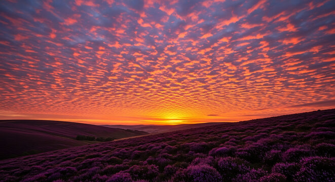Stormy Sunset Sky with Altocumulus Clouds Over Purple Heather Hills
