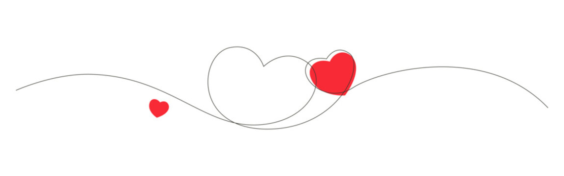 Continues line heart creates a minimalist black outline design with small red shapes. love sign background