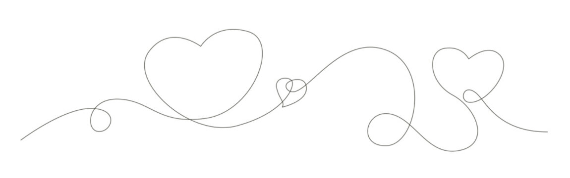 Continuous line art featuring three elegant black hearts in minimalist romantic style. love background desing