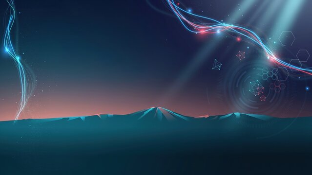 Dark futuristic landscape with glowing data streams and abstract geometric shapes over mountains