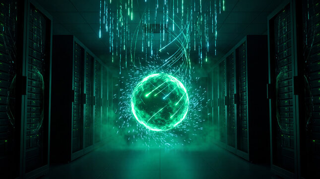Data Sphere in Server Room: A glowing green data sphere pulses with energy amidst rows of server racks, surrounded by cascading streams of digital information.