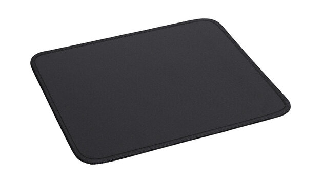A rectangular black computer mouse pad with stitched edges, isolated on a white background.