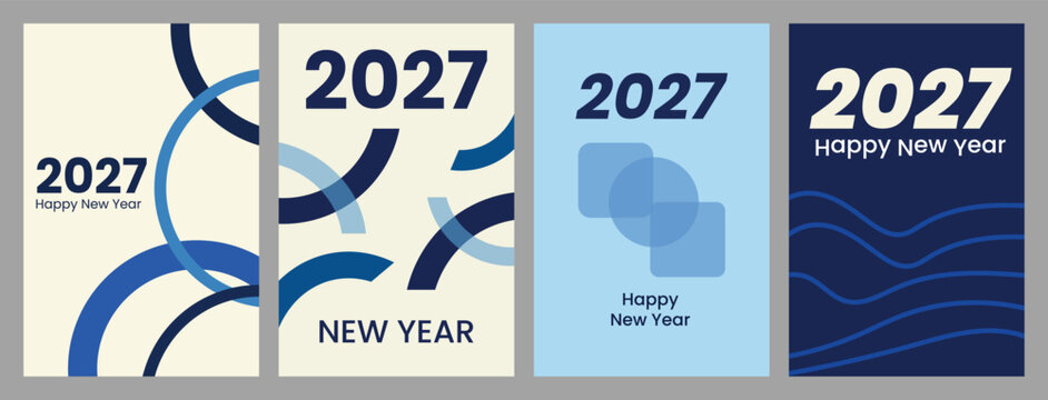 Happy New Year 2027 blue typography poster set with minimalist geometric shapes and abstract wave lines