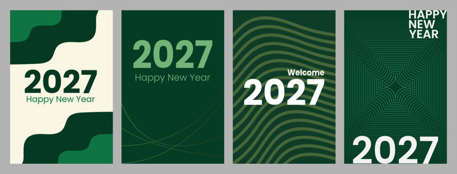 Happy New Year 2027 green typography poster set with modern abstract wave and geometric layout