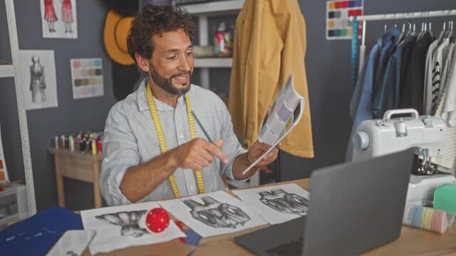 Man dressmaker holding color palette and pointing at swatch while reviewing garment sketches over laptop in studio; focused creativity.