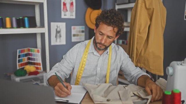 Man dressmaker measures a jacket and writes technical notes with tape measure and pencil at a sewing table in a studio; craftsmanship concentration.