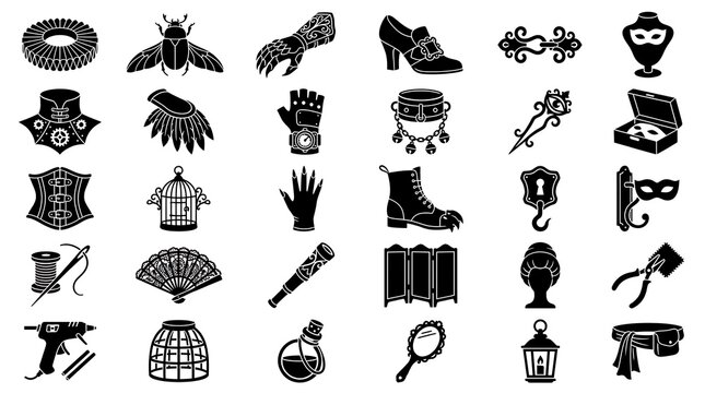 Steampunk and Victorian vintage accessory icons set in black silhouette style
