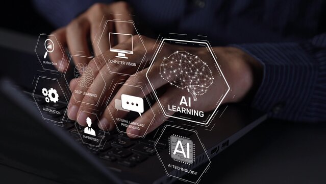 AI learning system involves deep learning, supervised machine learning, and natural language processing. AI learning diagram shows how AI advances learn in automation and data processing. Muxer
