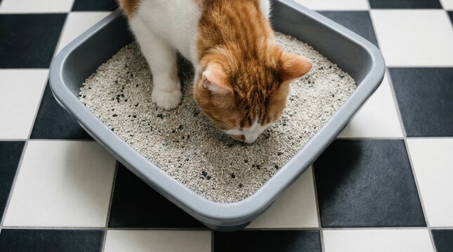 Ginger and white cat using a litter box on a checkered floor.