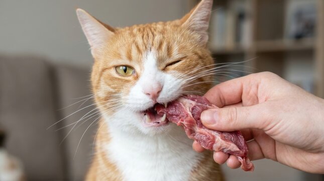 Ginger cat eating raw meat from hand.