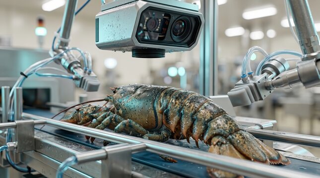 Automated visual inspection of a fresh raw lobster using advanced camera technology on an industrial processing conveyor line