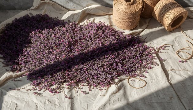A rich horizontal composition featuring a dense layer of thousands of dried purple lavender stems