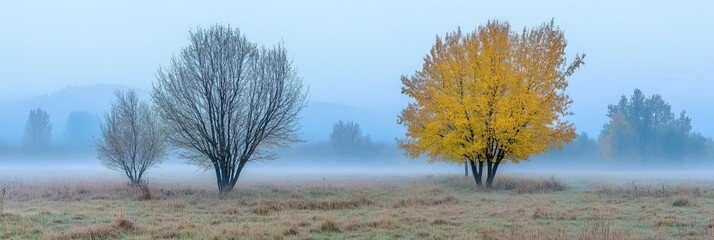Naklejka premium Autumn Fog Over A Misty Open Meadow With Trees In Differing Seasonal Colors Morning Landscape Shot