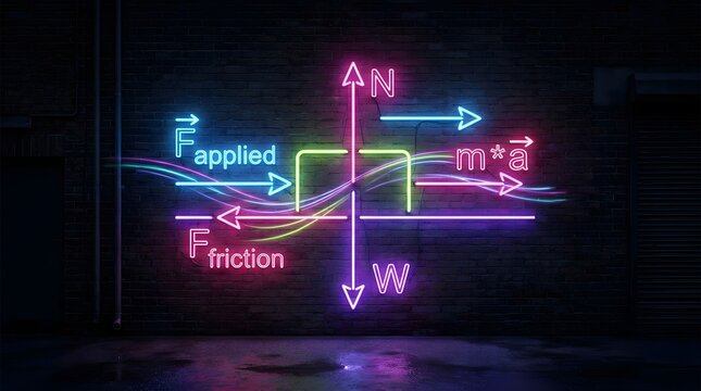 Neon physics diagram showing forces on an object against a dark brick wall background.