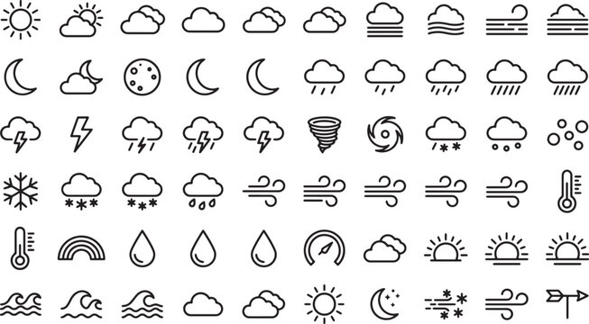Set of weather forecast icons featuring sun moon clouds rain snow and wind in line art style