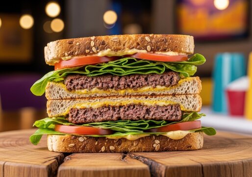 Double patty beef burger with fresh vegetables and multigrain bread.