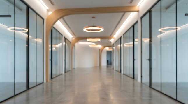 Modern office hallway with glass partitions and soft circular lights in a professional corporate building space