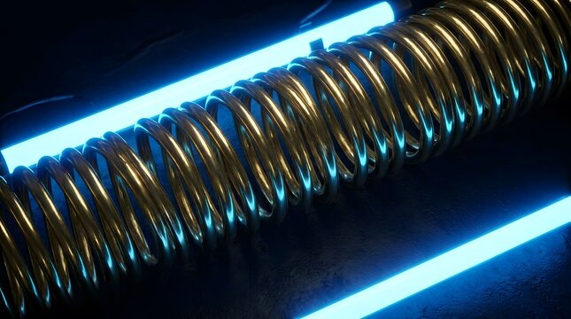 Golden metal coil spring illuminated by bright blue neon light tubes on dark background