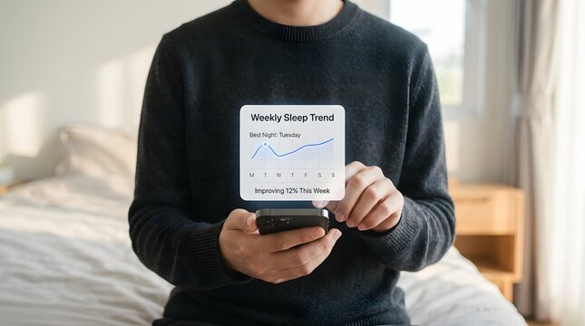 Person holding smartphone viewing augmented reality interface tracking weekly sleep trends