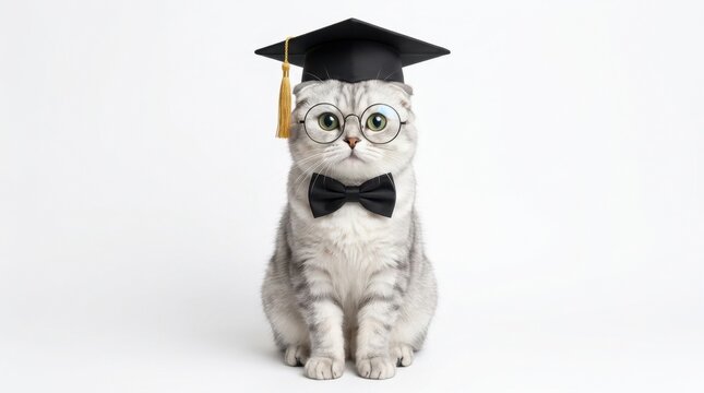Intelligent Scottish Fold Cat Wearing Graduation Cap and Glasses.