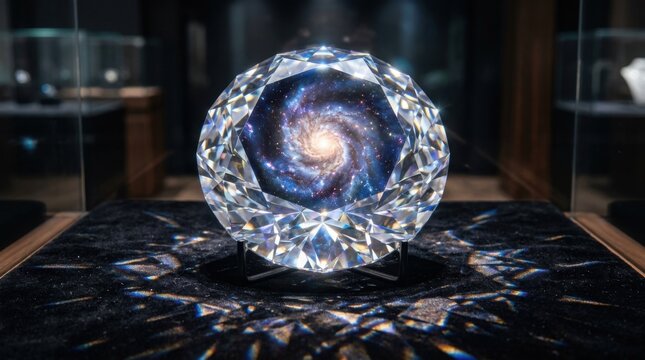 Crystal Sphere with Galaxy Reflection on Dark Surface in Display Case