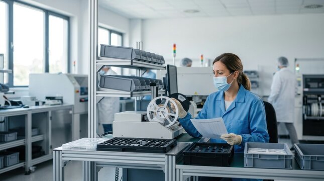 Female scientist working with laboratory equipment and analysis tools in modern lab