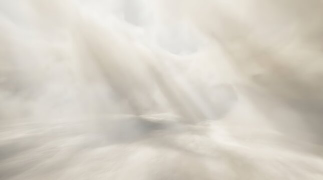 Soft white clouds illuminated by bright heavenly sunlight streaming through a dreamlike ethereal atmospheric foggy scene