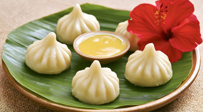 Classic modak desserts are presented on a banana leaf, garnished with ghee and hibiscus petals