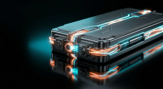 Extreme Close-up of Futuristic Solid-State Battery Cell with Glowing Energy Flow on Dark Reflective Surface