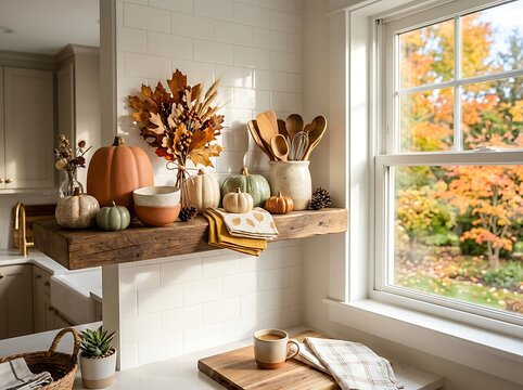 Modern farmhouse kitchen shelf with fall pumpkins and autumn leaves.
