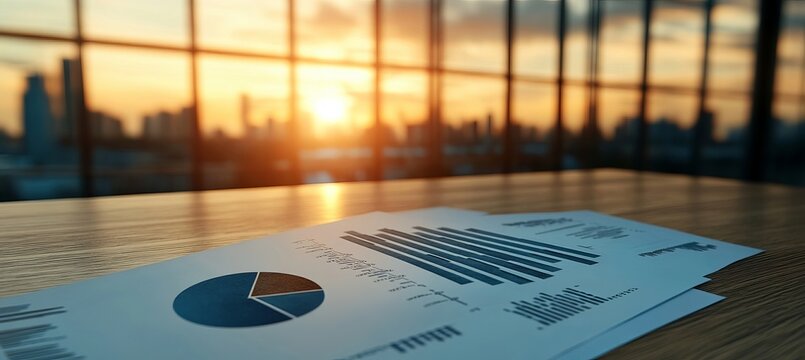 Modern Corporate Office Desk Featuring Financial Growth Charts And Blank Wooden Surface At Sunset