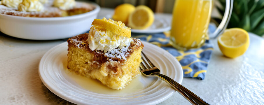 Creative food template. Slice of Lemon cream cheese dump cake pie dessert on sunny sunlight with fruits on white marble table. copy text space. long banner.