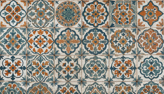 Decorative terracotta and teal ceramic tiles with intricate vintage floral patterns.