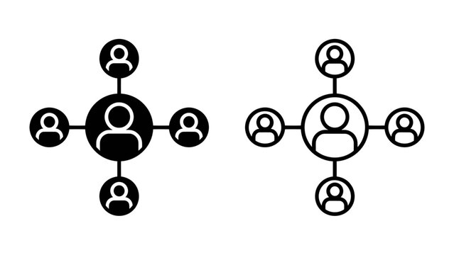 Networked Community Icons: Simple, minimalist icons illustrate a centralized figure connected to several surrounding individuals, representing social networks, connectivity, and community building.