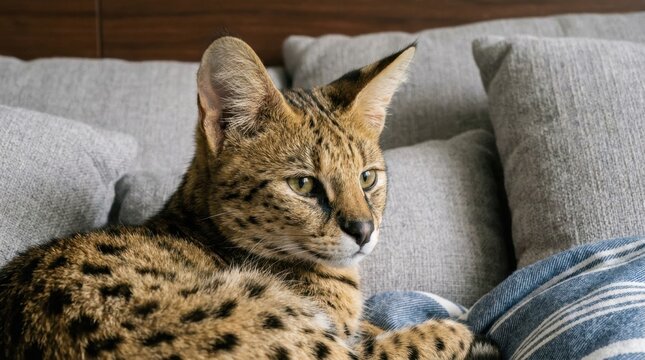 Serval Cat Relaxing on Cushions Indoors.