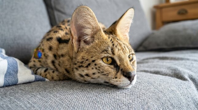 Serval Cat Resting on a Sofa Indoors.