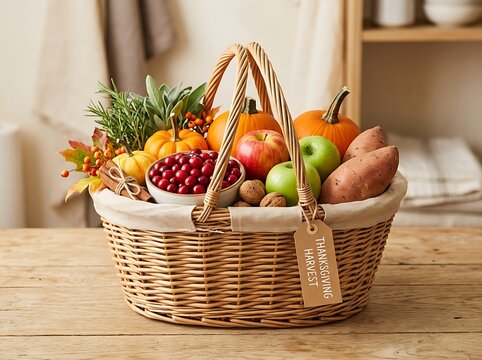 Abundant wicker basket filled with colorful autumn harvest on wood.
