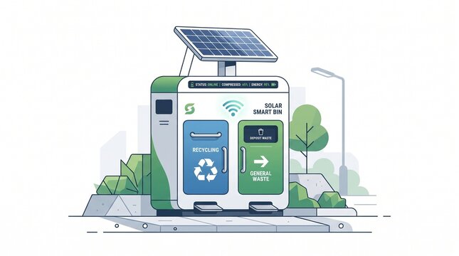 Solar-powered smart waste compactor with digital monitoring, recycling compartments and wireless sensors for sustainable urban garbage management.
