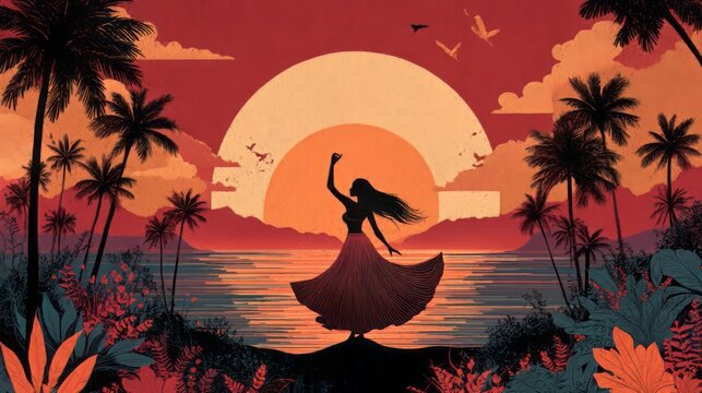 Black silhouette of a woman dancing against a red sunset background with palm trees
