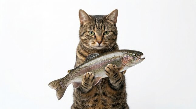 Tabby Cat Holding a Freshly Caught Trout in its Paws.