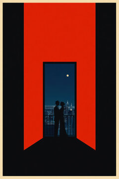 Silhouette of Romantic Couple Embracing on Balcony, City Skyline View, Full Moon, Minimalist Red Frame Poster Art