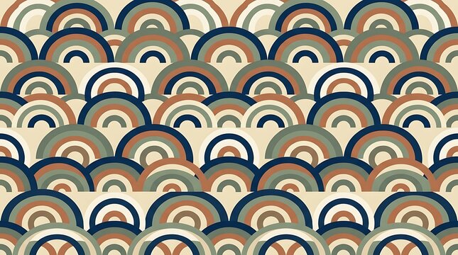 Abstract geometric seamless pattern featuring overlapping semi circles in muted earth tones and deep navy blue