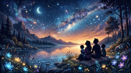 Fototapeta premium Family cherishing beautiful night by the lake surrounded by stars and embracing love and unity under the stunning milky way
